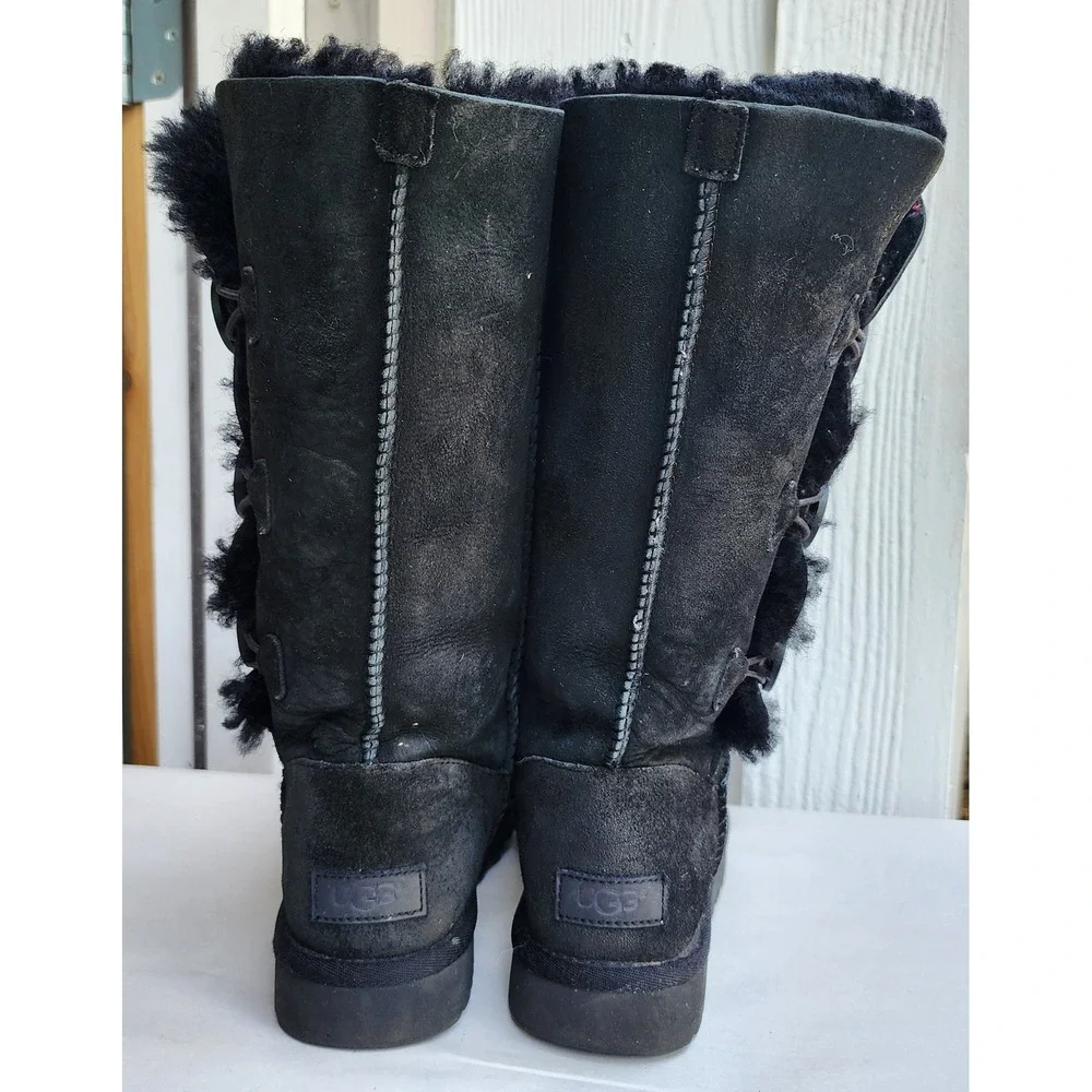 UGG Bailey Button Triplet Sz 7 Black Y2K Suede Shearling Wool Sheepskin Cozy